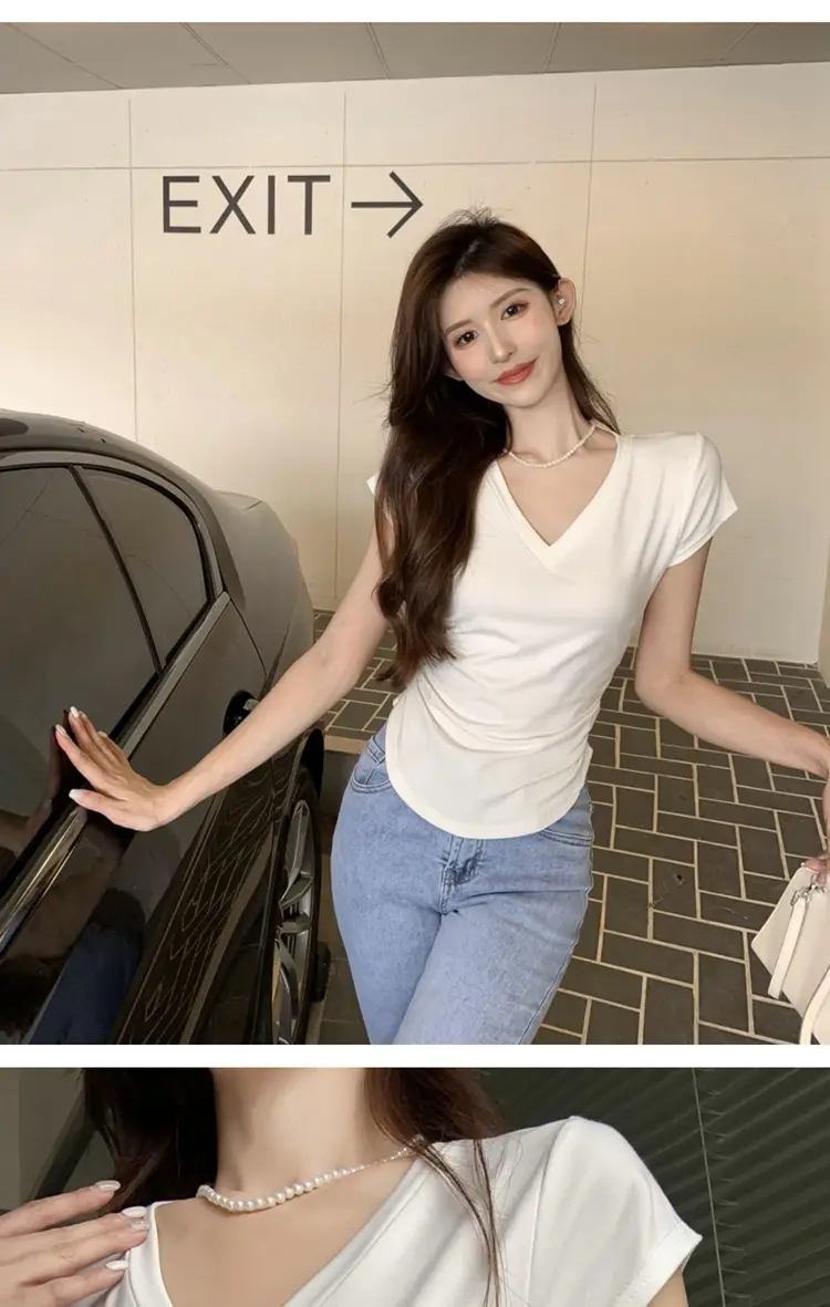 Women V-Neck Black T-Shirt Slim Fit 2025 Summer — feature 9