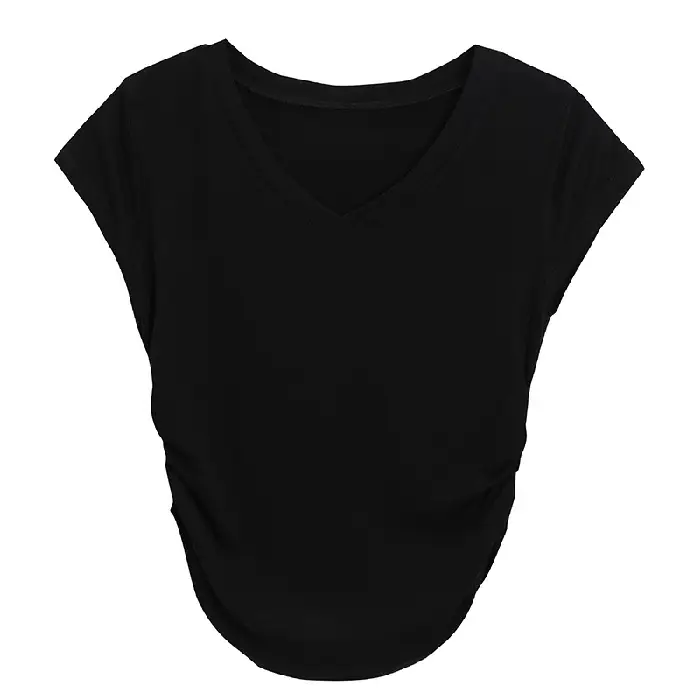 Women V-Neck Black T-Shirt Slim Fit 2025 Summer - Image 10