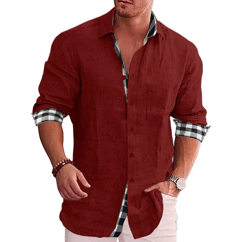 Men's Long Sleeve Cotton Linen Shirt Beige 2022 - Image 8