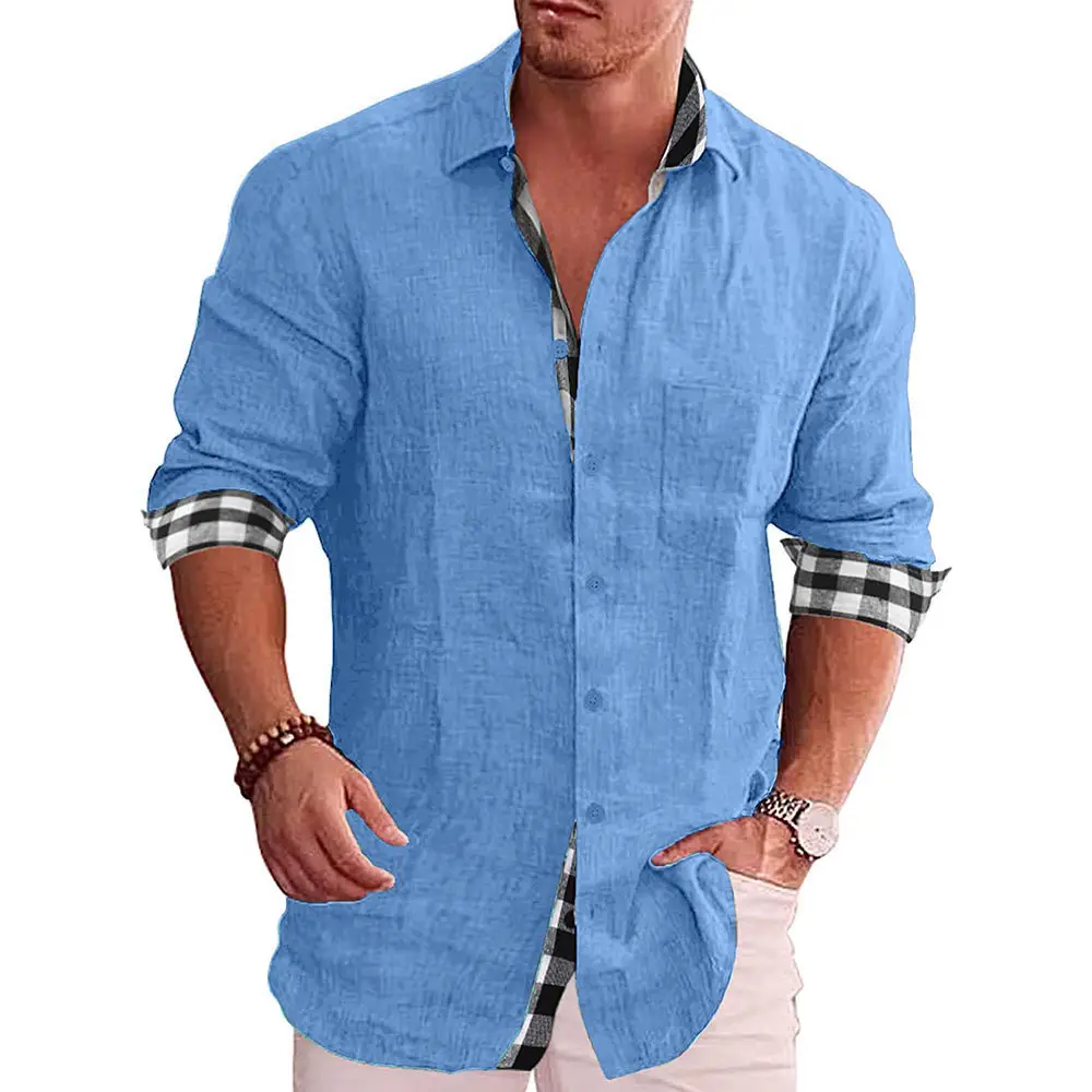 Men's Long Sleeve Cotton Linen Shirt Beige 2022 - Image 4