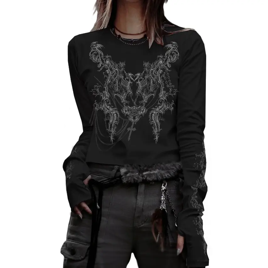 Black Abstract Silk Long Sleeve Top with Tassel Detail - Image 6