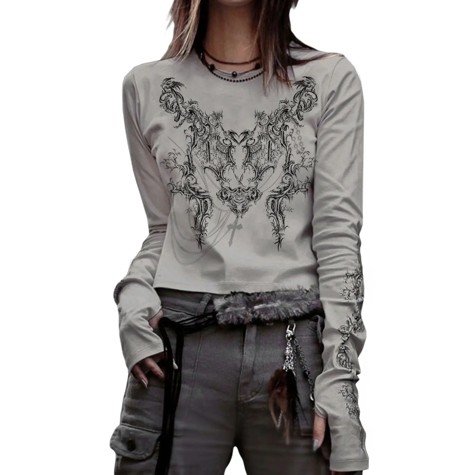 Black Abstract Silk Long Sleeve Top with Tassel Detail - Image 7