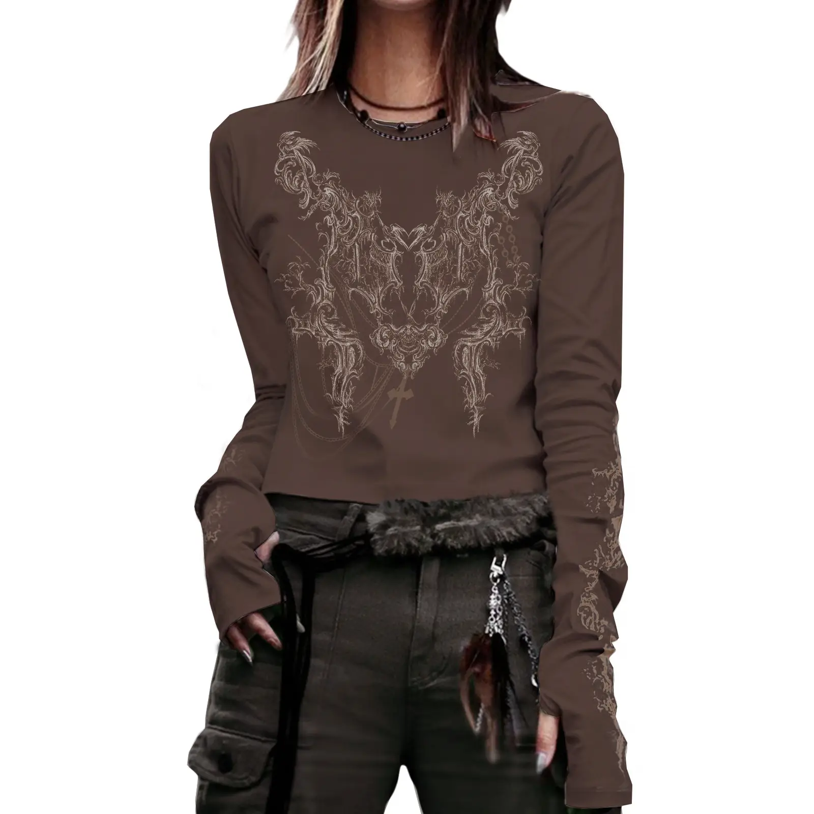 Black Abstract Silk Long Sleeve Top with Tassel Detail - Image 3