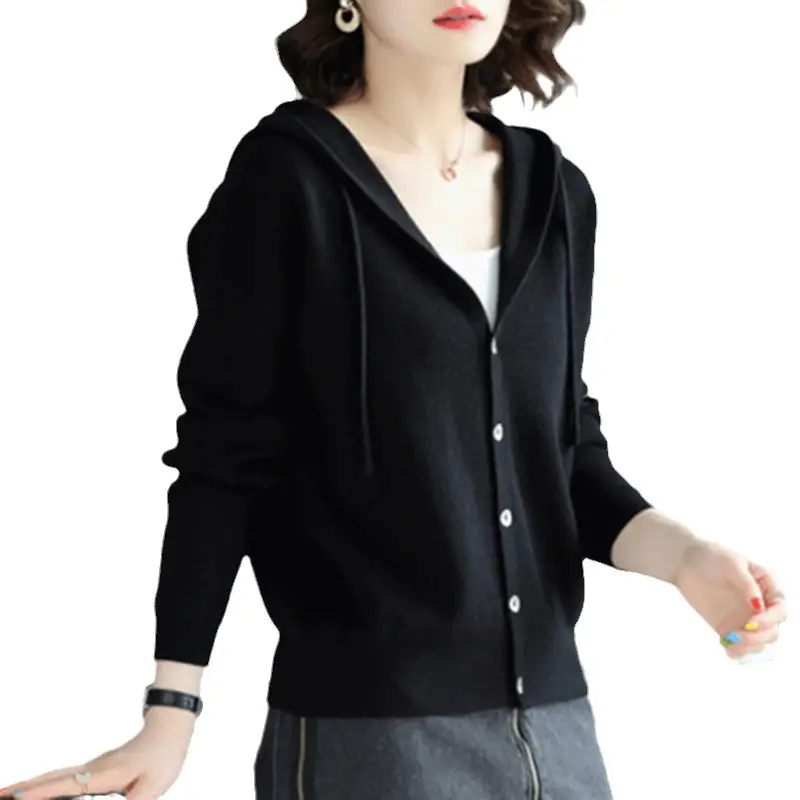 Women Knitted Cardigan Hooded Sweater Brown Spring Fall 2023 - Image 12