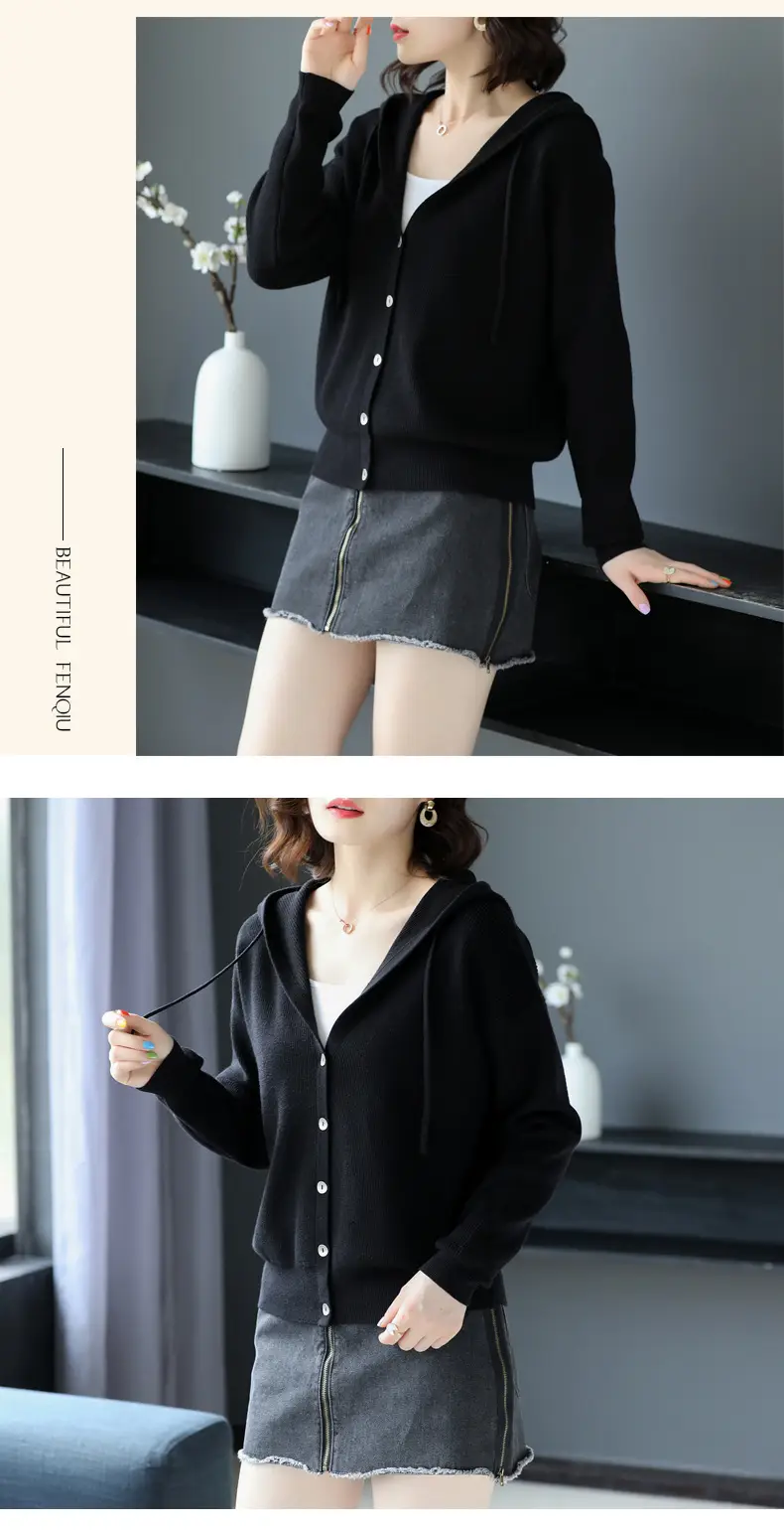 Women Knitted Cardigan Hooded Sweater Brown Spring Fall 2023 — feature 6