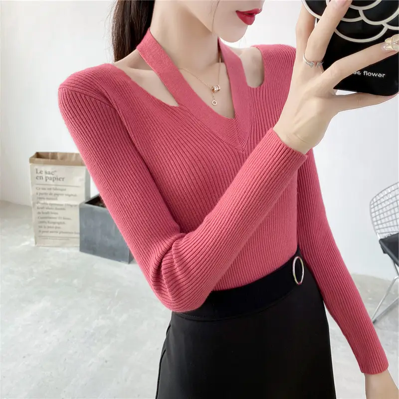 Pink Knitted V-Neck Sweater Women's Top - Image 8