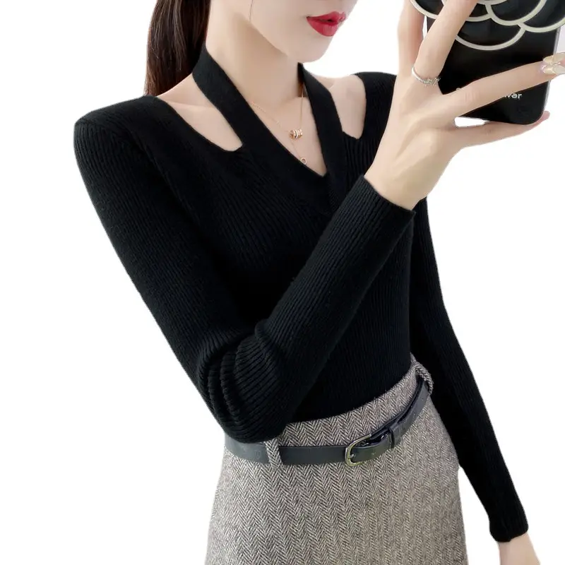 Pink Knitted V-Neck Sweater Women's Top - Image 10