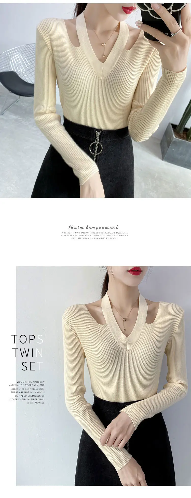 Pink Knitted V-Neck Sweater Women's Top — feature 1