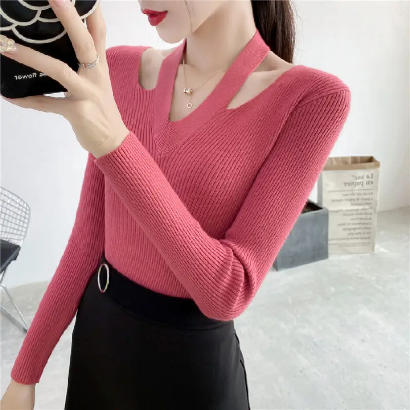 Pink Knitted V-Neck Sweater Women's Top - Image 2