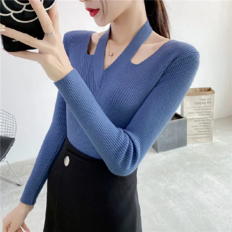 Pink Knitted V-Neck Sweater Women's Top - Image 4