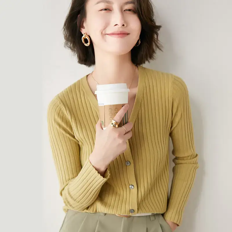 Women's V-Neck Knitted Cardigan Beige Wool Sweater - Image 11