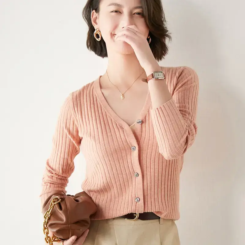 Women's V-Neck Knitted Cardigan Beige Wool Sweater - Image 12