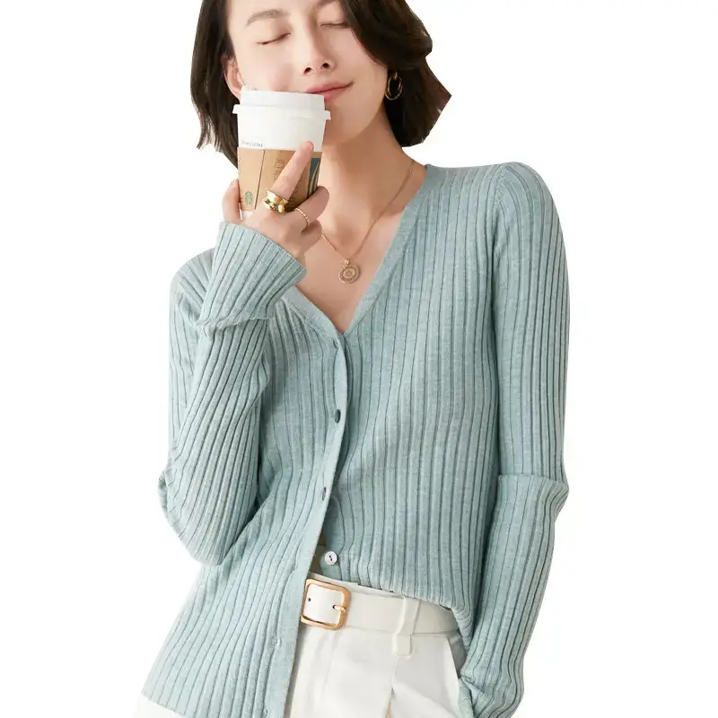 Women's V-Neck Knitted Cardigan Beige Wool Sweater - Image 14