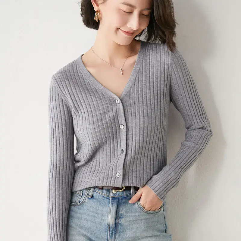 Women's V-Neck Knitted Cardigan Beige Wool Sweater - Image 2