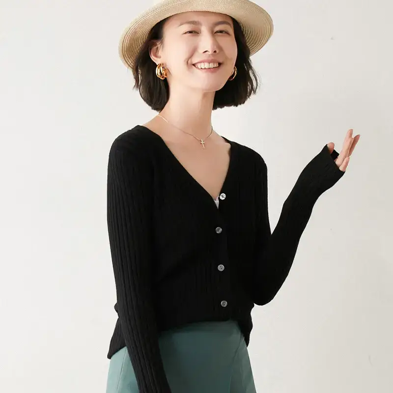 Women's V-Neck Knitted Cardigan Beige Wool Sweater - Image 3