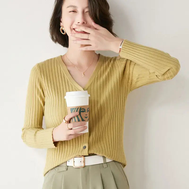 Women's V-Neck Knitted Cardigan Beige Wool Sweater - Image 4