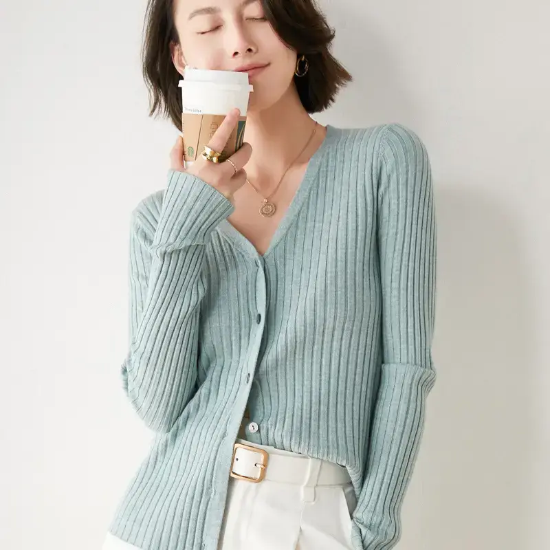 Women's V-Neck Knitted Cardigan Beige Wool Sweater - Image 5