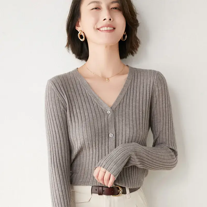 Women's V-Neck Knitted Cardigan Beige Wool Sweater - Image 6