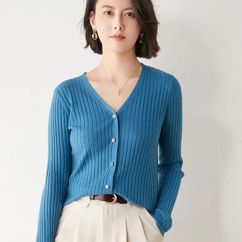 Women's V-Neck Knitted Cardigan Beige Wool Sweater - Image 7
