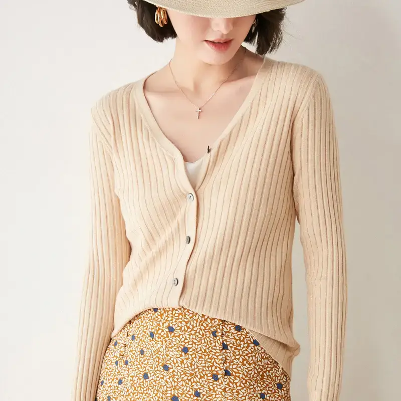 Women's V-Neck Knitted Cardigan Beige Wool Sweater - Image 8