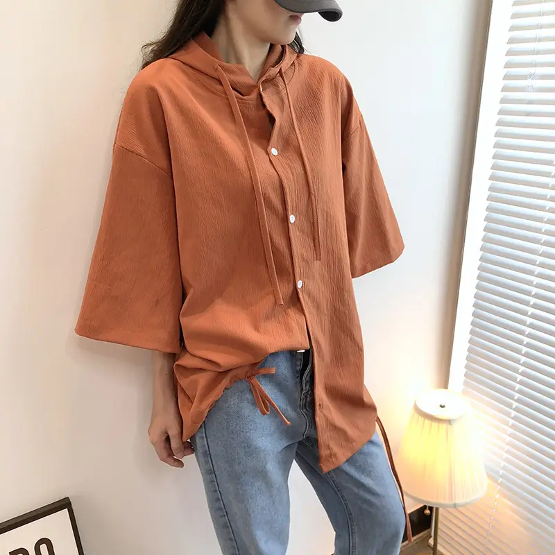 Plus Size Women Black Hooded Shirt 2022 Summer Loose Fit - Image 2
