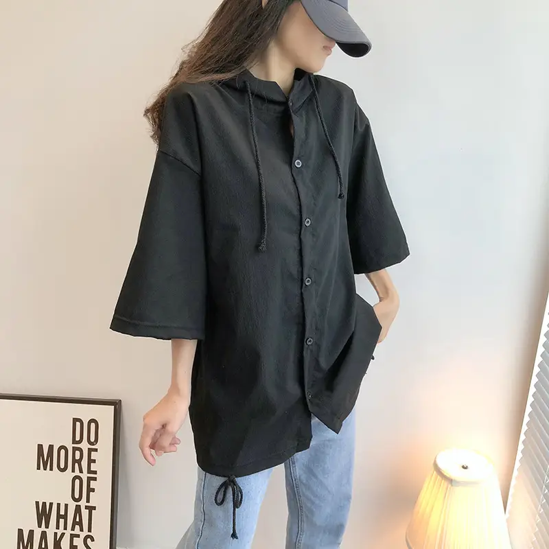 Plus Size Women Black Hooded Shirt 2022 Summer Loose Fit - Image 4