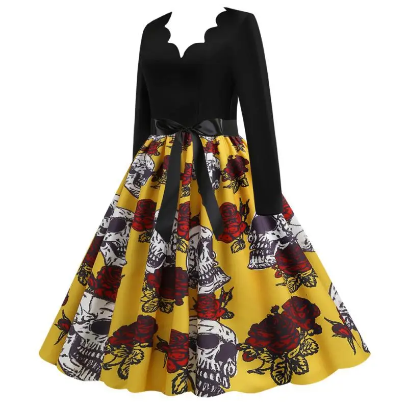 Real Shot Spot 20.21 million Holy Festival New Skull Printed V-Neck Burned Flower Long Sleeve Large Swing Dress - Image 2
