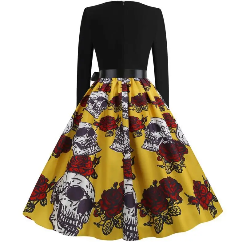 Real Shot Spot 20.21 million Holy Festival New Skull Printed V-Neck Burned Flower Long Sleeve Large Swing Dress - Image 3