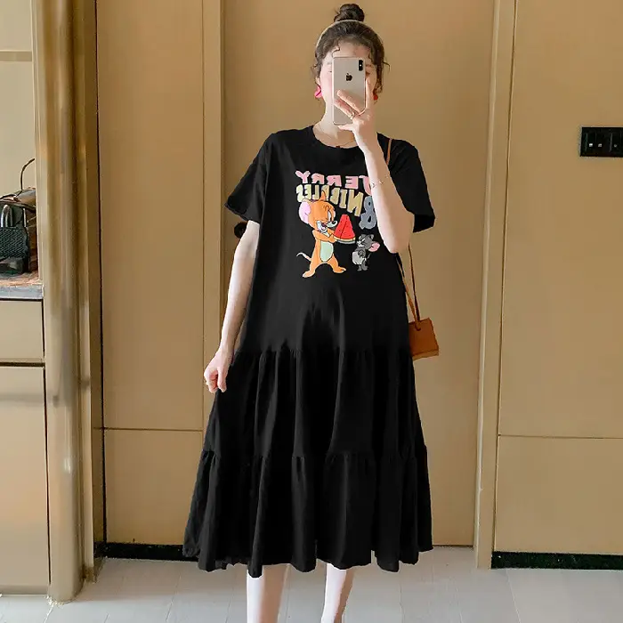 Maternity Dress Black Graphic Long Sleeve Summer - Image 2