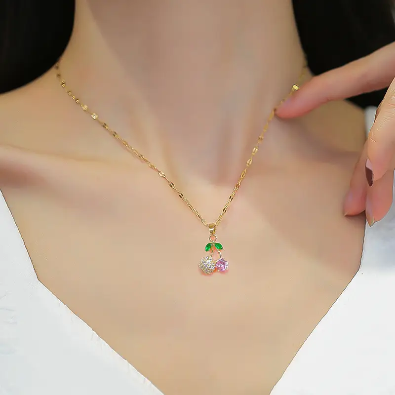 Real Gold Cherry Pink Diamond Necklace with Earrings - Image 4
