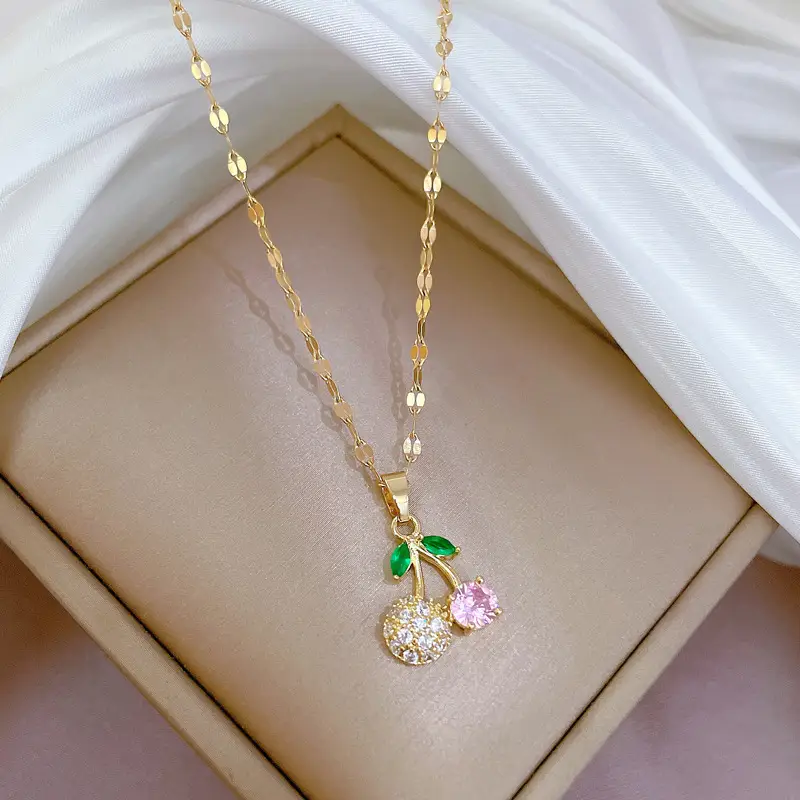 Real Gold Cherry Pink Diamond Necklace with Earrings - Image 6