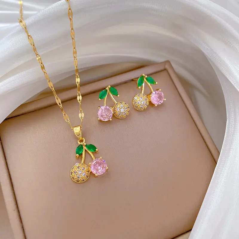 Real Gold Cherry Pink Diamond Necklace with Earrings β feature 16