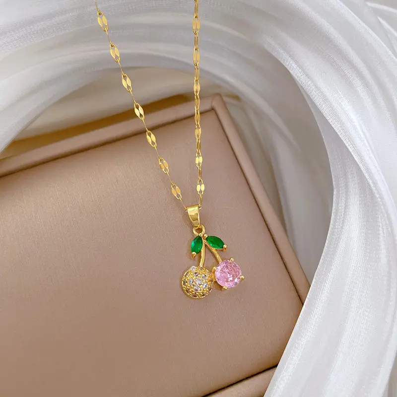 Real Gold Cherry Pink Diamond Necklace with Earrings β feature 17
