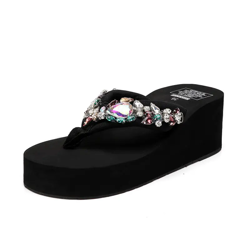 New Style Rhinestone Beach Slippers Women Black Platform