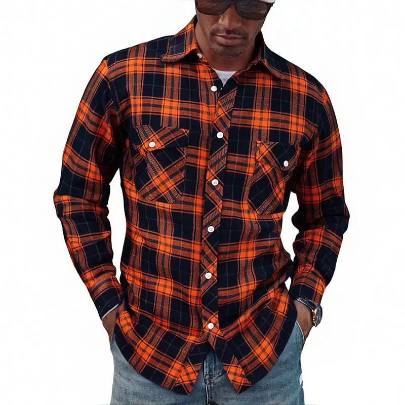Men's Brushed Plaid Long Sleeve Shirt Large Red - Image 18