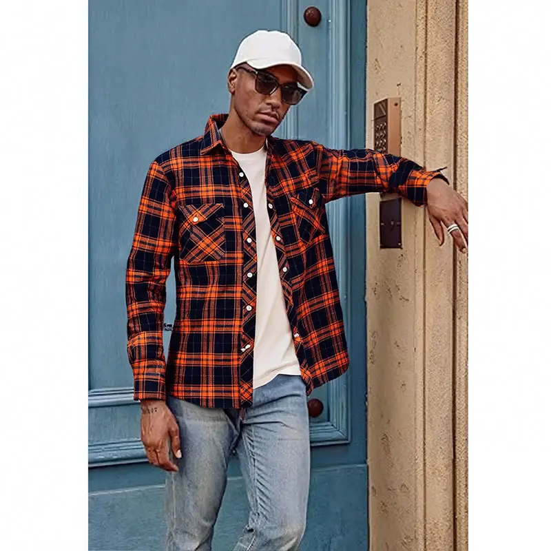 Men's Brushed Plaid Long Sleeve Shirt Large Red - Image 19