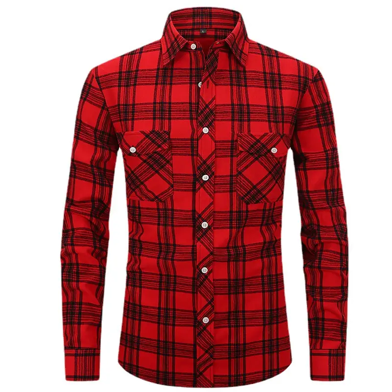 Men's Brushed Plaid Long Sleeve Shirt Large Red - Image 21