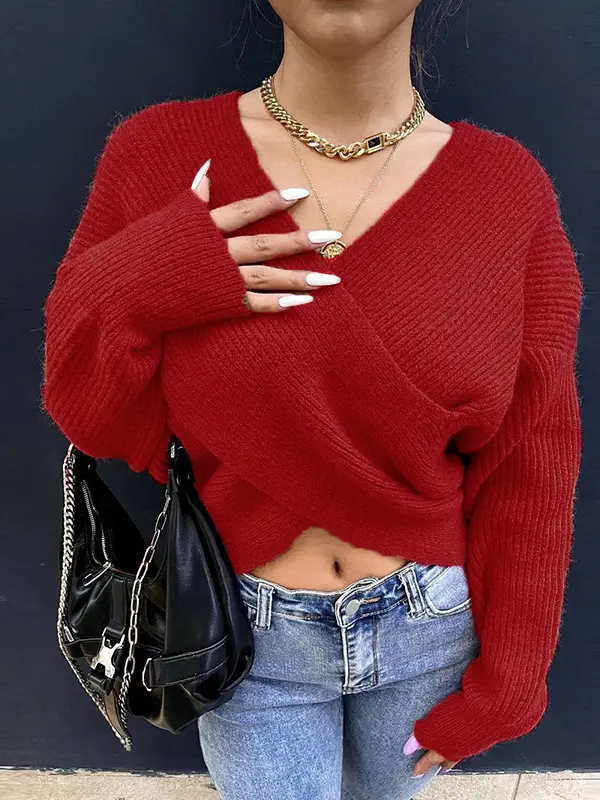 White Cross Neck Knitted V Neck Sweater Long Sleeve - Image 12