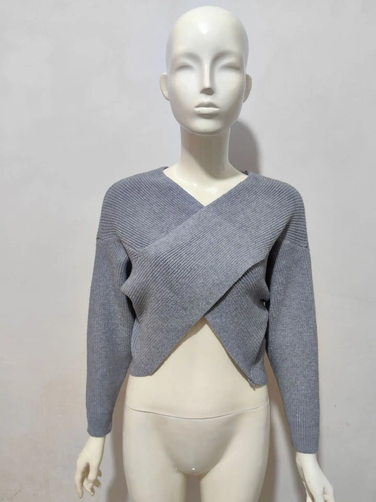 White Cross Neck Knitted V Neck Sweater Long Sleeve - Image 14