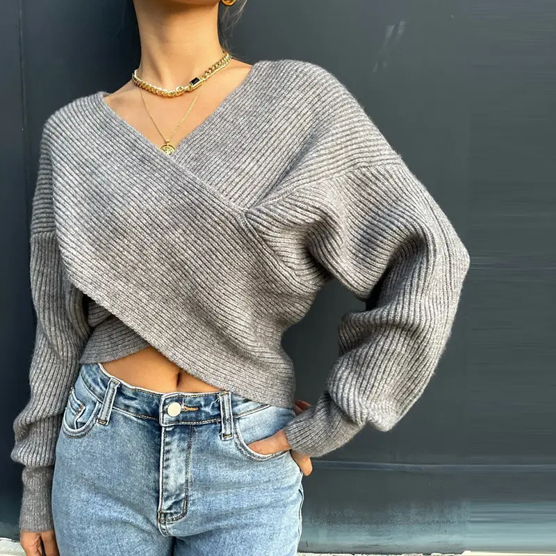 White Cross Neck Knitted V Neck Sweater Long Sleeve — feature 10