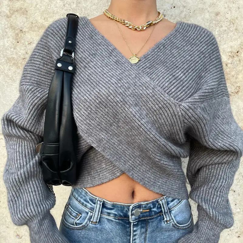 White Cross Neck Knitted V Neck Sweater Long Sleeve — feature 11