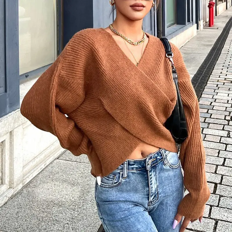 White Cross Neck Knitted V Neck Sweater Long Sleeve — feature 13