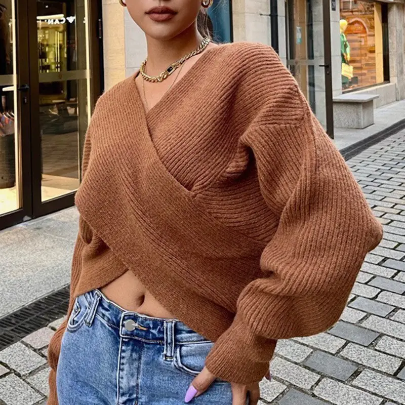 White Cross Neck Knitted V Neck Sweater Long Sleeve — feature 14