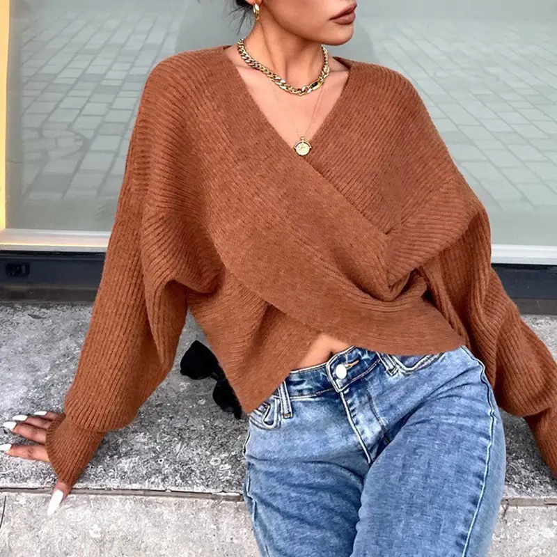 White Cross Neck Knitted V Neck Sweater Long Sleeve — feature 15