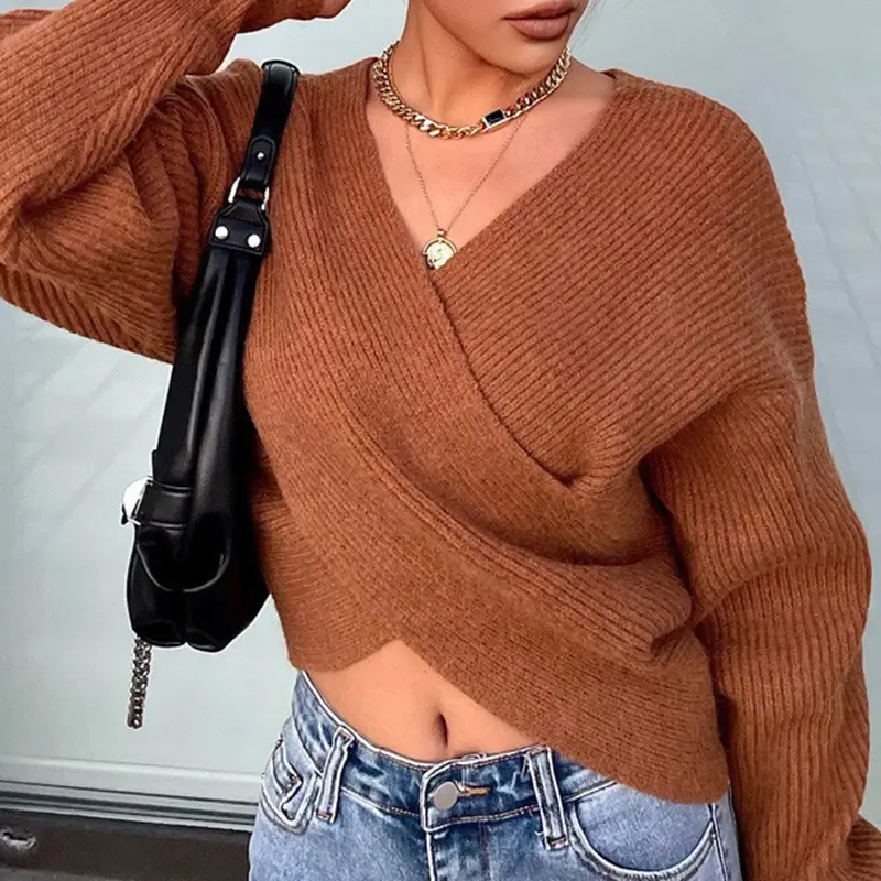 White Cross Neck Knitted V Neck Sweater Long Sleeve — feature 17