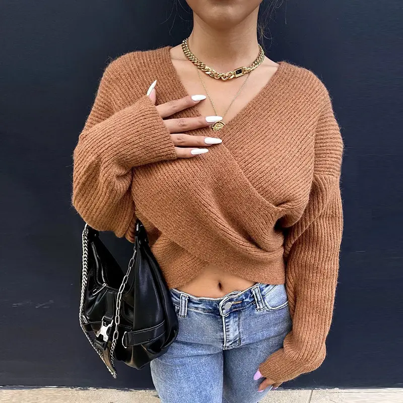 White Cross Neck Knitted V Neck Sweater Long Sleeve — feature 18