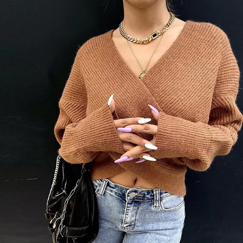 White Cross Neck Knitted V Neck Sweater Long Sleeve — feature 19