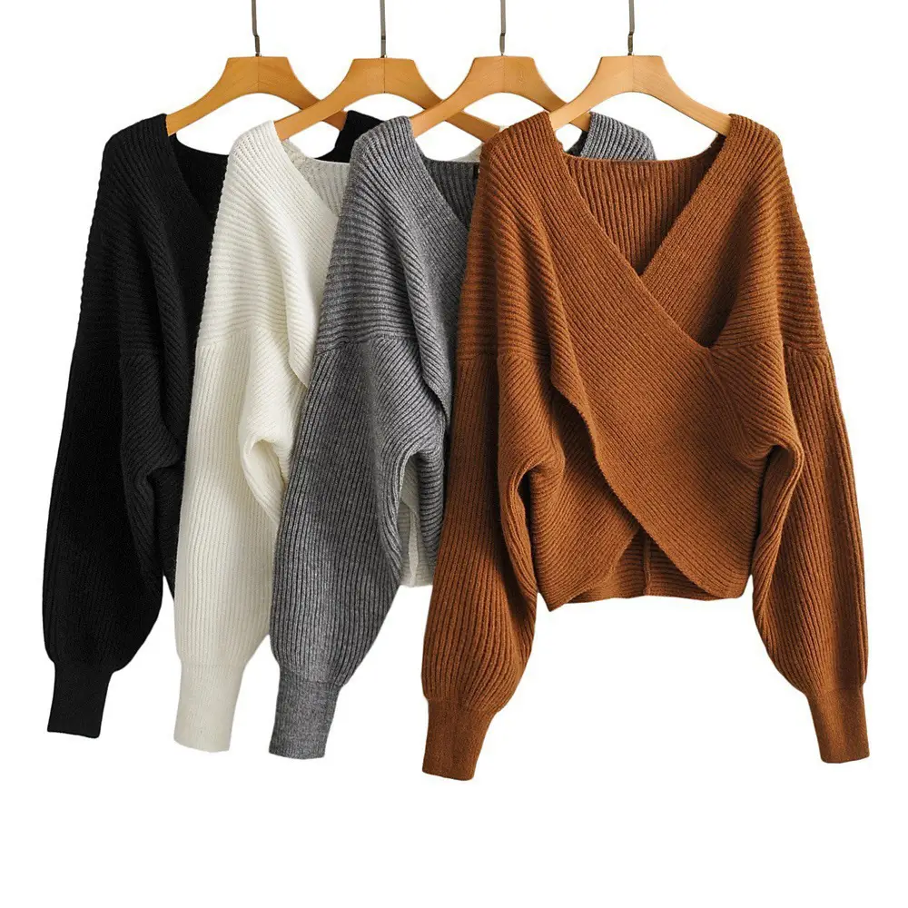 White Cross Neck Knitted V Neck Sweater Long Sleeve — feature 26
