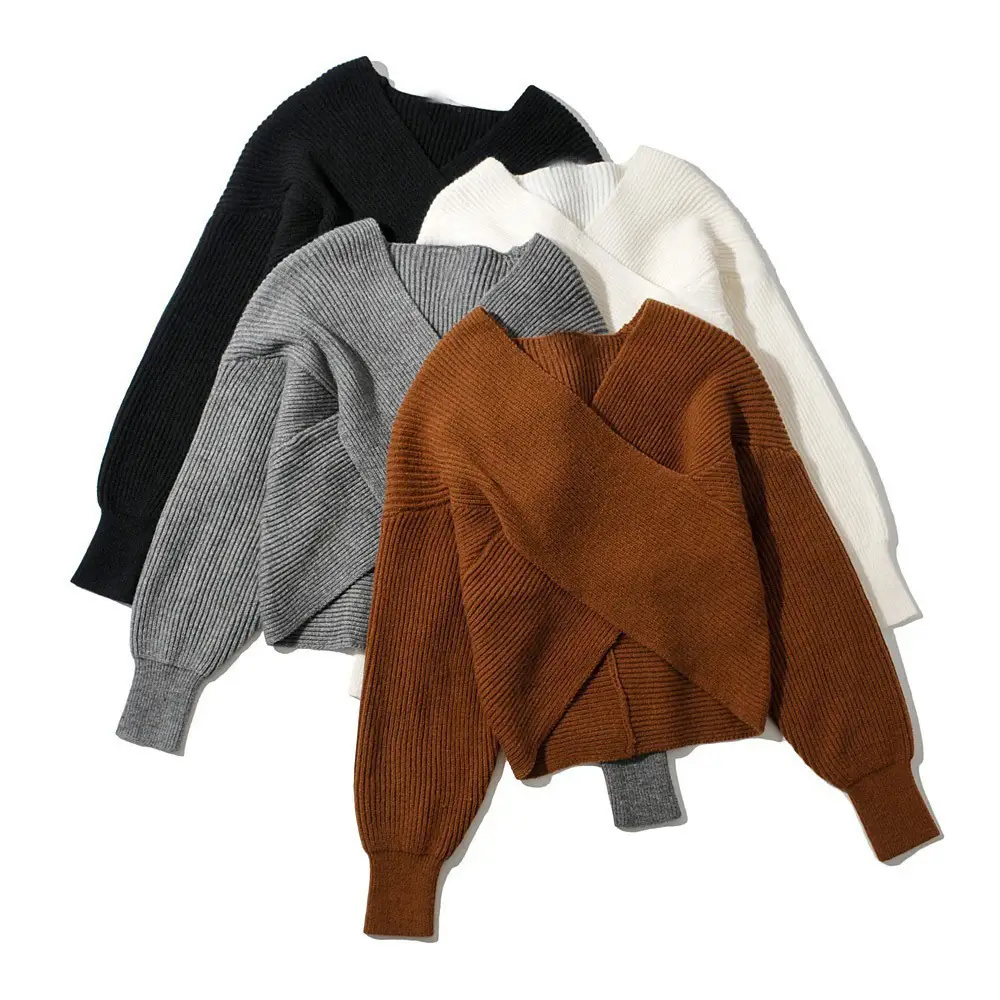 White Cross Neck Knitted V Neck Sweater Long Sleeve — feature 27