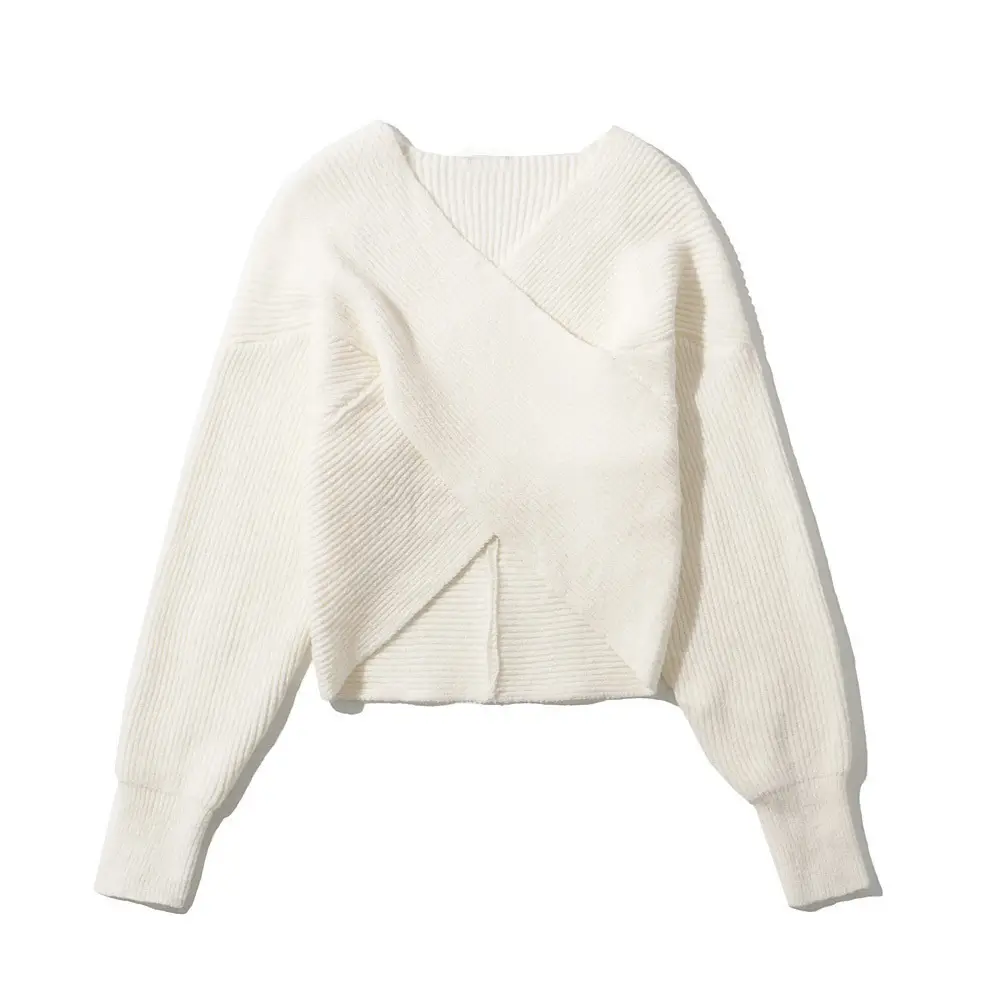 White Cross Neck Knitted V Neck Sweater Long Sleeve — feature 28